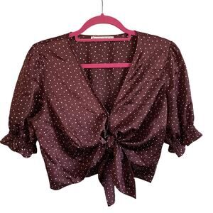 Abercrombie & Fitch Large Polka Dot Tie Front Brown and White Crop Top Blouse